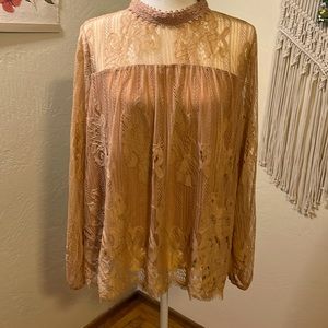Brown-beige, slight orange hue lace blouse.